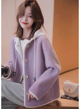 羊羔毛短款外套连帽宽松2025秋冬季新款仿皮毛一体长袖羊羔绒上衣