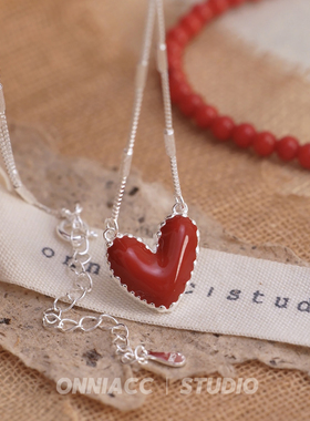 红色滴釉爱心项链纯银