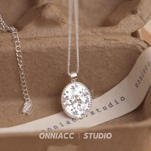 碎冰冰亮片圆牌椭圆纯银项链女长款毛衣链配饰秋冬高级感轻奢小众