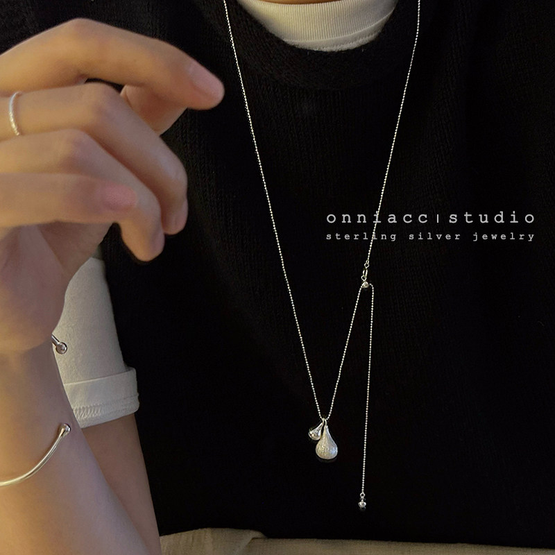 拉丝水滴纯银项链女毛衣链