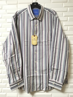 外贸BAHAMA巴哈马紫蓝白条男士纯棉美式宽松长袖衬衫T34109大码男