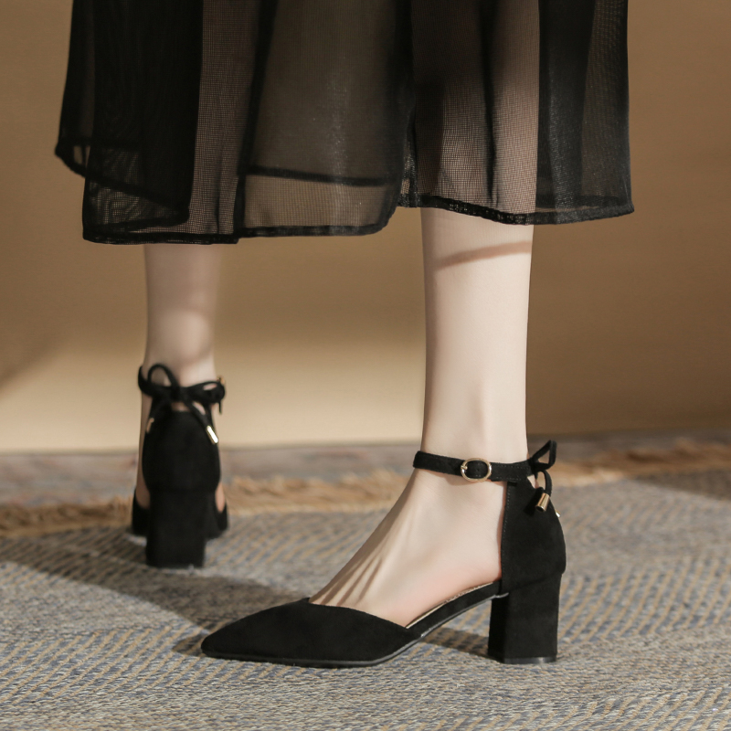 高跟鞋百搭一字带蝴蝶结单鞋女