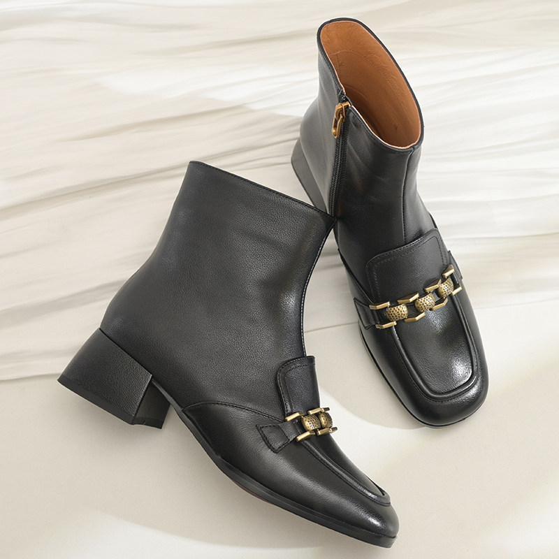 步享头层牛皮短靴女黑色2025新款