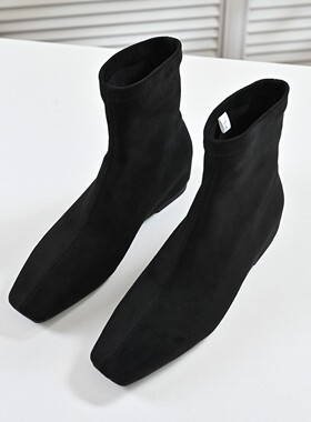 步享~韩版绒面短靴女黑色方头内增高中跟真皮套筒弹力靴大码40-42
