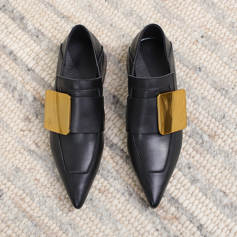 尖头低跟单鞋拼色软底乐福鞋