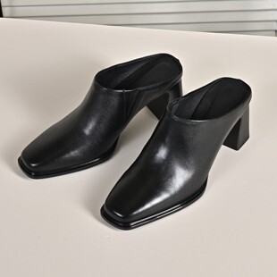 步享黑色拖鞋女夏外穿包头高级感简约方头粗跟高跟真皮半拖穆勒鞋