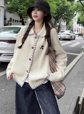 【韩国购】Restandretion奶白针织衫外套女撞色慵懒翻领上衣