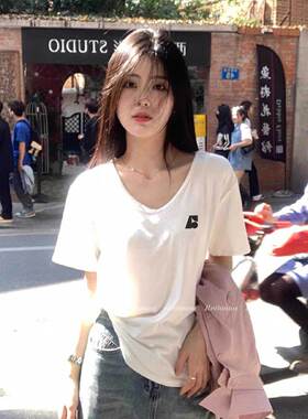 韩国restandrecreationRetionan白色V领正肩短袖t恤女款2026新宽