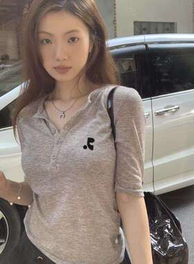 【韩国购】Restandretion纯欲修身V领灰色五分袖T恤女时髦薄款上