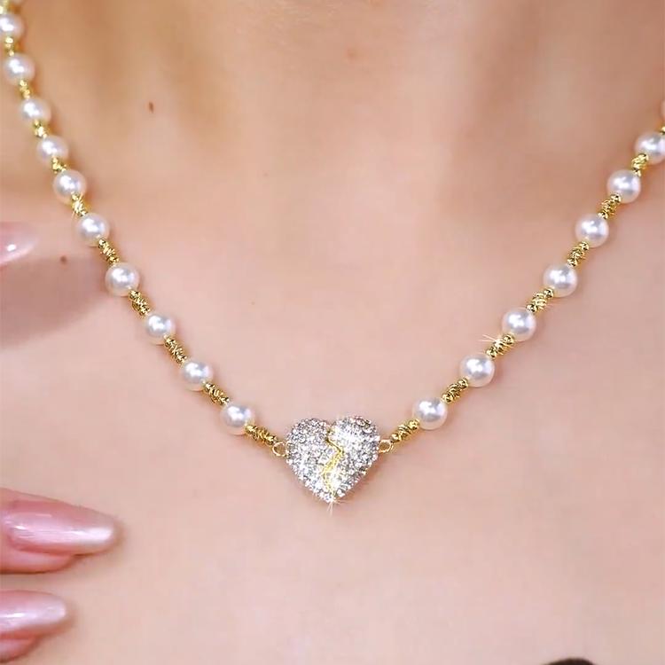 高级奢华名媛宴会配饰精致时尚奢华磁吸爱心珍珠项链富贵法式吊坠
