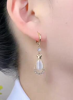 奢华猫眼石水滴镶钻耳扣耳环女防丢设计感网红百搭耳饰防过敏耳坠