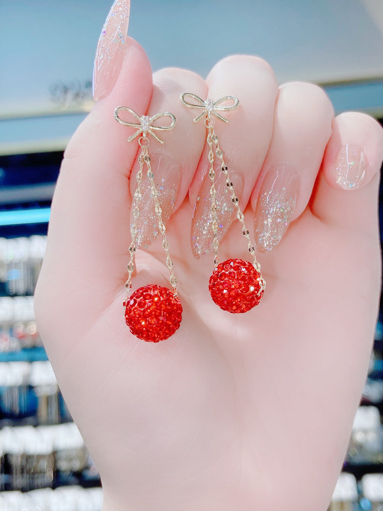 纯银针耳钉2021新款潮新年红色满钻球球耳环百搭设计蝴蝶结耳饰女