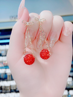纯银针耳钉2026新款潮新年红色满钻球球耳环百搭设计蝴蝶结耳饰女