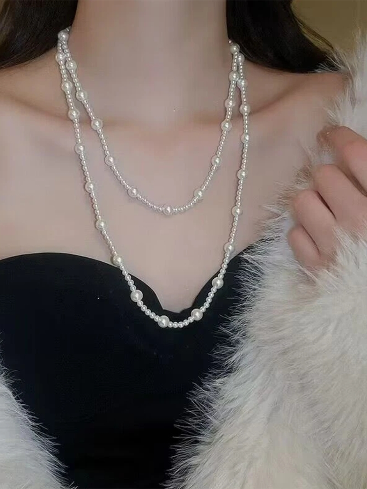 钛钢锆石圆珠链女白色珍珠项链
