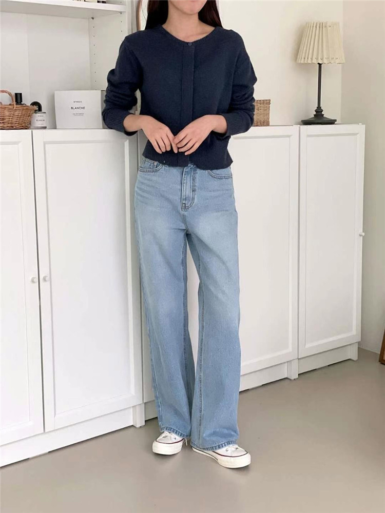 韩国代购skinnypig牛仔裤女 24春夏水洗浅色宽松高腰阔腿直筒长裤