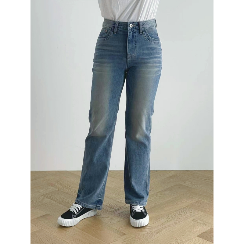 韩国adlib水洗高腰直筒牛仔裤