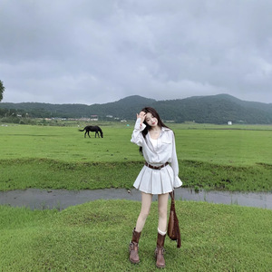长袖条纹衬衫连衣裙子女装夏季新款高级感度假短裙搭配一整套