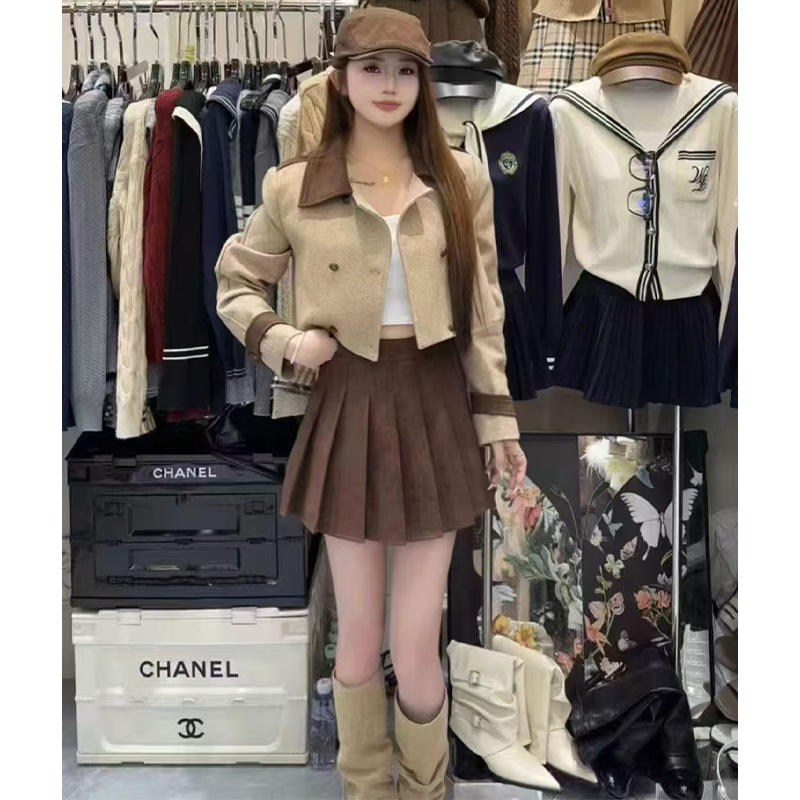 实体档口2025秋季新款时髦撞色翻领双排扣短外套高腰百褶短裙套装