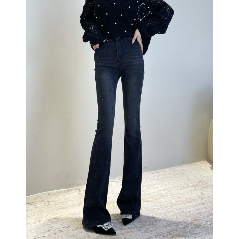 2025春季新款迪否镶钻微喇牛仔裤水洗高腰显瘦时尚百搭喇叭裤9033