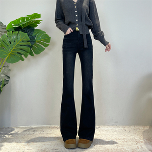 黑色新款高腰复古微喇时尚显瘦牛仔裤冬季加绒加厚女款牛仔喇叭裤