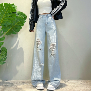 迪否蕾丝镂空破洞牛仔裤女夏薄款2026新款烫钻窄版高腰直筒阔腿裤
