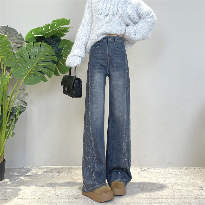迪否烫钻直筒牛仔裤女冬季加厚绒2025新款裤子高腰垂感窄版阔腿裤