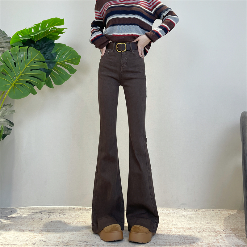 秋冬加绒新款迪否气质时尚老钱风微喇牛仔裤女高腰修身显瘦喇叭裤