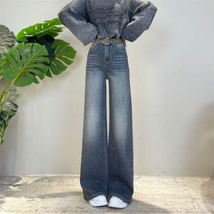 冬季新款加绒百搭迪否满天星烫钻阔腿裤高腰显瘦气质不贴腿牛仔裤