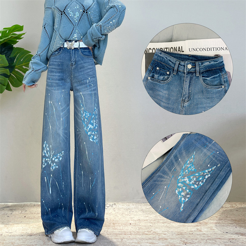 迪否涂鸦蝴蝶烫钻阔腿裤2026春季新款高腰百搭显瘦慵懒风牛仔裤
