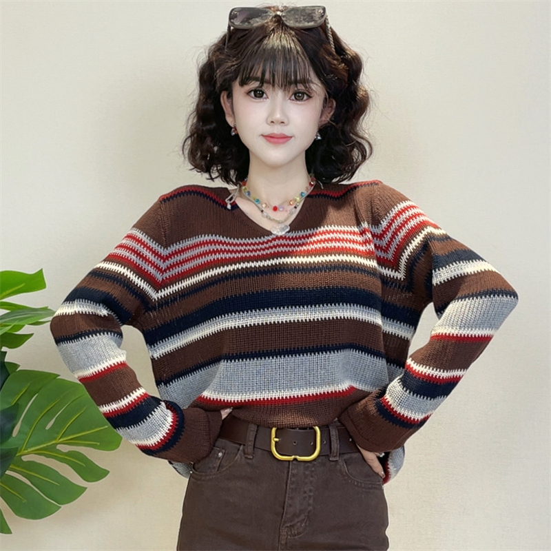 迪否条纹宽松V领针织毛衣2025秋新款时尚百搭女士上衣2281