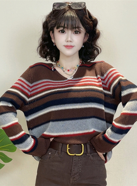 迪否条纹宽松V领针织毛衣2026秋新款时尚百搭女士上衣2281