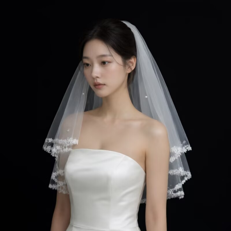 新娘结婚短款头纱白色珠珠蕾丝花边双层遮面写真登记结婚领证拍照