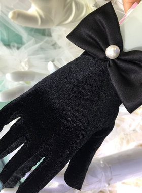 黑色蝴蝶结比丝绒短款全指婚纱礼服手套旗袍演出礼仪造型拍照手套