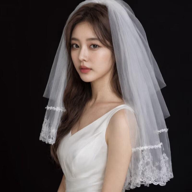 爱的城堡新娘结婚短款头纱白色蕾丝花边双层遮面写真拍照造型头纱
