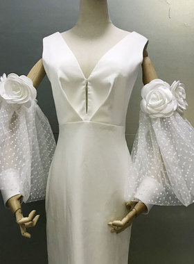 白色手工花朵长款袖子新娘婚纱礼服遮手臂手袖手套黑色红色造型款