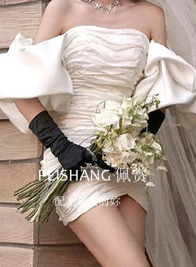 佩赏白色缎布泡泡袖婚纱礼服袖子