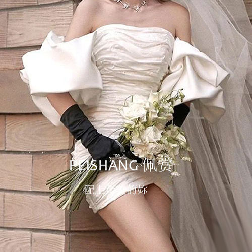 佩赏白色缎布泡泡袖婚纱礼服袖子