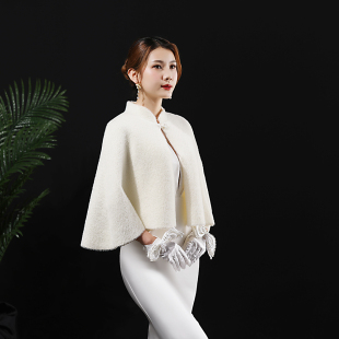白色秋冬款新娘毛披肩婚纱礼服旗袍小斗蓬婚礼演出年会小外套