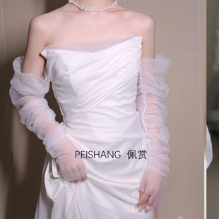 新娘手套 婚纱礼服手套抹胸婚纱手袖 拍照款 白色网纱长款 无值薄款