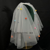 新娘头纱多层短款 简约森系头纱彩球婚纱礼服头饰领证登记写真头纱