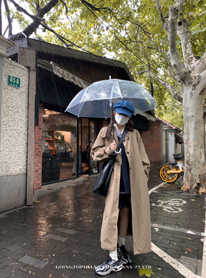 吃饭冠军立领系带中长款风衣