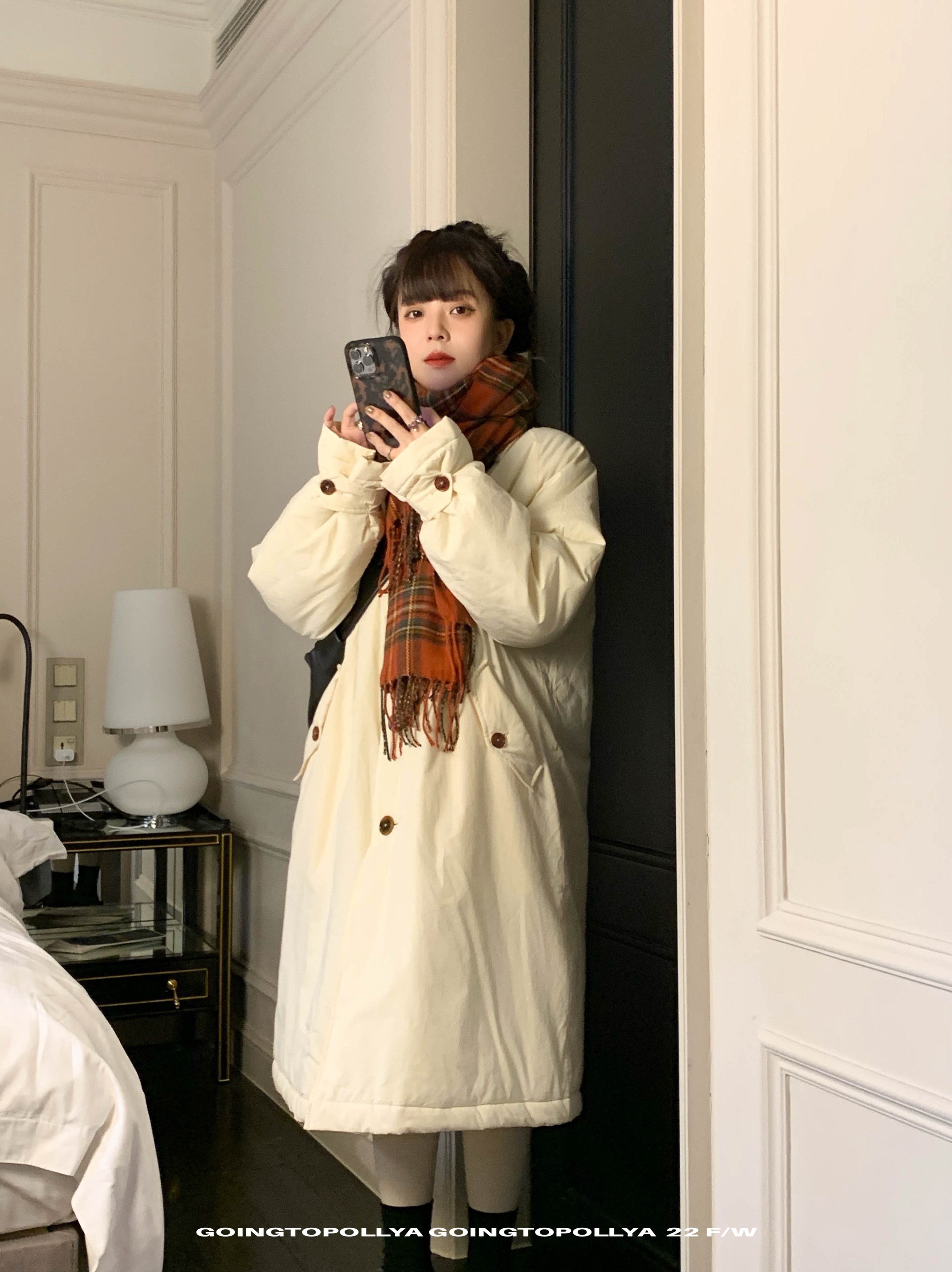 GOINGTOPOLLYA  奶乎乎小被子 棕扣奶白翻领中长棉服外套秋冬棉袄