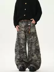 Kisko American Retro Camouflage Wide-Leg Cargo Pants Trendy Loose Reverse-Wear Design Scimitar Jeans for Men and Women
