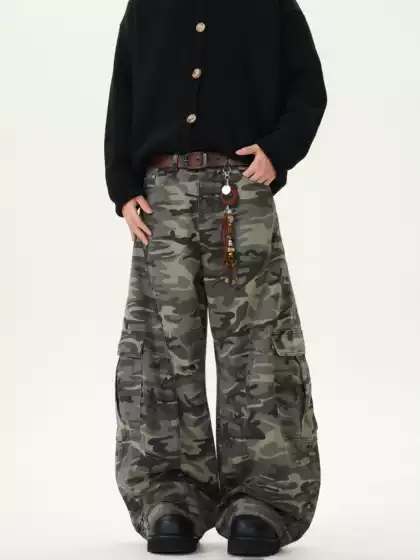 Kisko American Retro Camouflage Wide-Leg Cargo Pants Trendy Loose Reverse-Wear Design Scimitar Jeans for Men and Women
