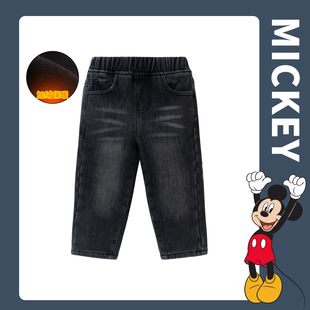 迪士尼童装男童加绒牛仔长裤磨白复古直筒裤经典帅气男孩子保暖裤