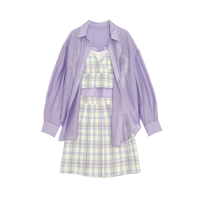 【现货】DP紫色裙子套装女夏洋气防晒衬衫+吊带+格子半身裙三件套