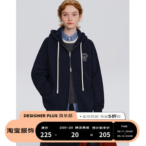 DESIGNER PLUS 藏蓝连帽加绒卫衣外套女休闲学院风加厚拉链开衫