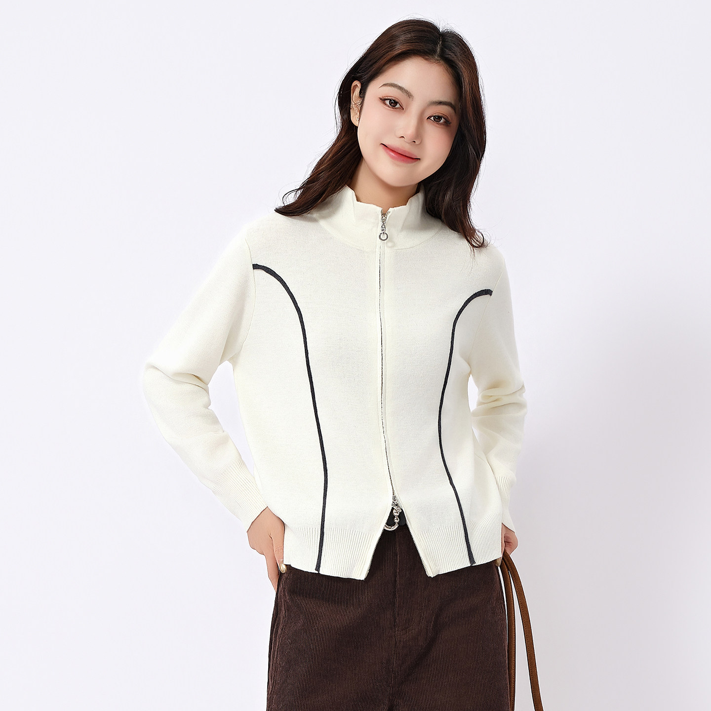 芭依璐针织衫女2026春季新款立领长袖开衫毛衣外套拉链翻领上衣