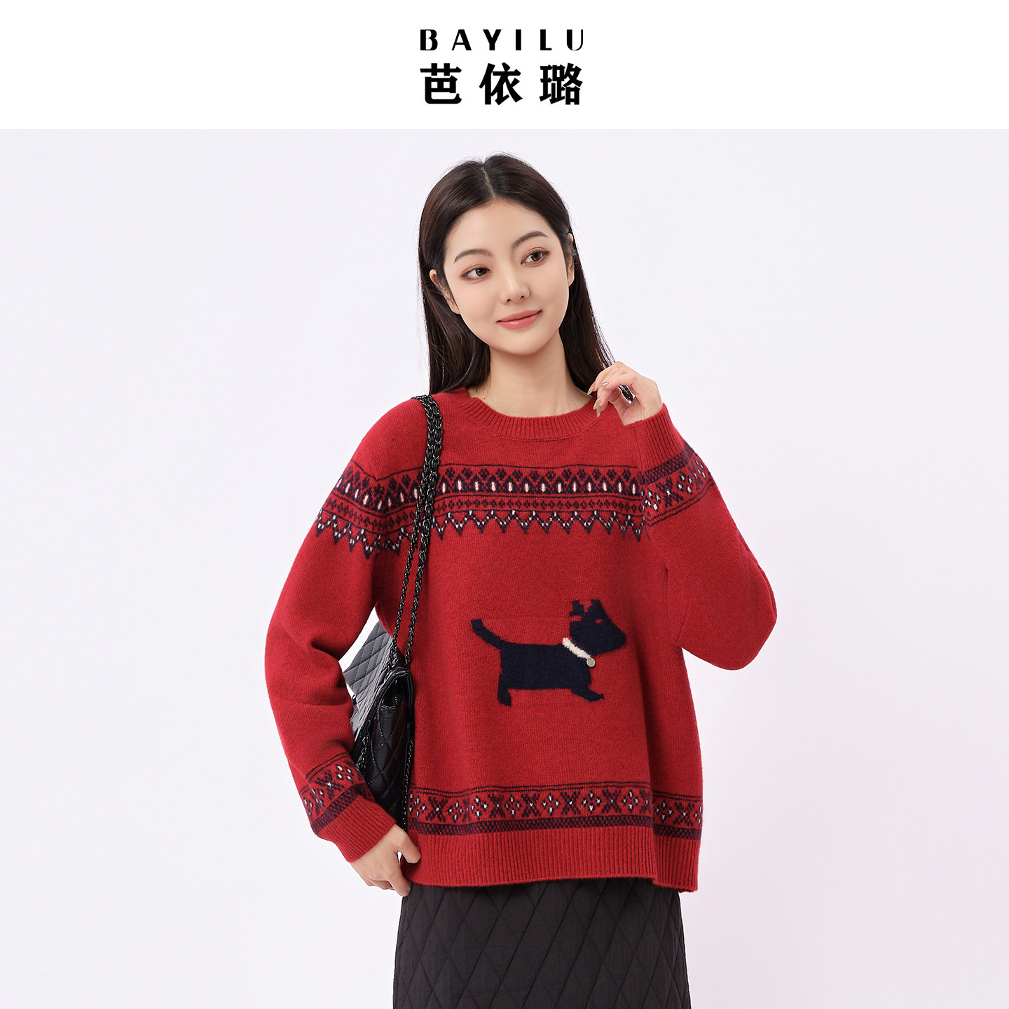 芭依璐红色毛衣2026春装新款费尔岛羊毛针织衫高级感上衣圣诞穿搭