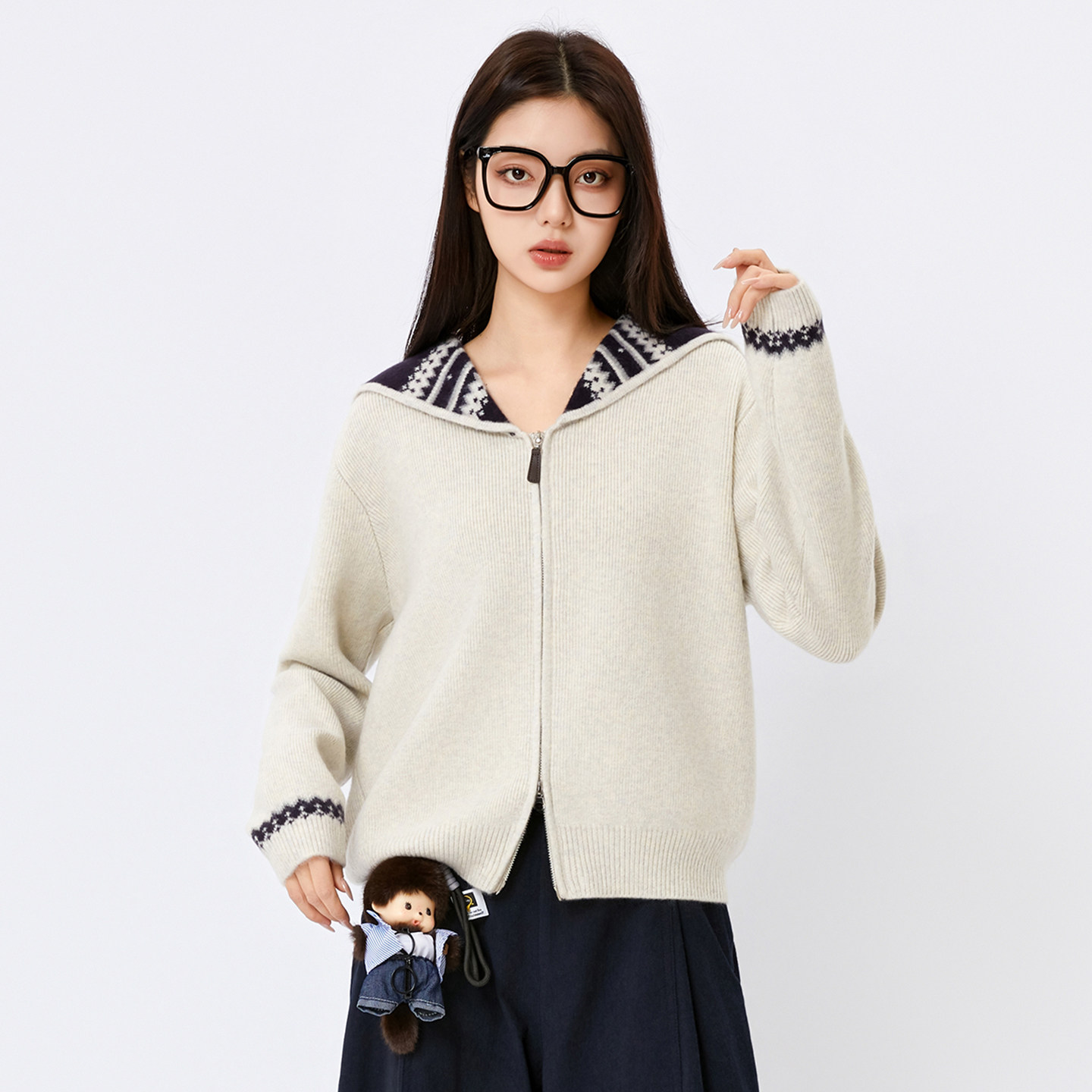 芭依璐毛衣外套针织2026春季新款毛衣上衣拉链开衫羊绒宽松上衣